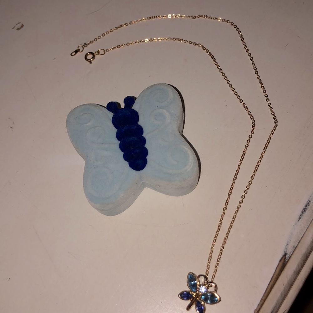 Blue, gold, white butterfly necklace and case